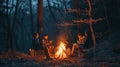 A group of people are sitting around a campfire in the woods AIG41