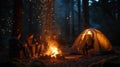 A group of people are sitting around a campfire in the woods AIG41