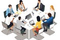 Group of people sitting around a conference table in a meeting. The people are dressed in business attire and are engaged in