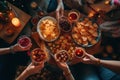 A group of people sitting around a table with plates of food. Generative AI image. Royalty Free Stock Photo