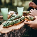 A group of people sitting around a wooden table and eating caterpillar sandwiches. AI generative image.