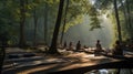 A group of people are sitting on a bridge over a river, meditating and practicing yoga