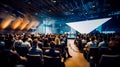 Group of people sitting in chairs in front of projector screen. Generative AI Royalty Free Stock Photo