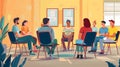 A group of people is sitting in a circle, engaged in a therapy meeting. They are actively listening, sharing personal Royalty Free Stock Photo
