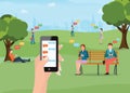 Group of people sitting in the park and texting messages in chat Royalty Free Stock Photo