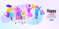 Group of people sitting on a shopping cart. Discounts and sales. Trend vector flat illustration. Royalty Free Stock Photo