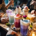 A group of people sitting at a table with drinks. AI generative image.