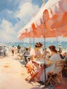 A Group Of People Sitting At A Table Under An Umbrella On A Beach