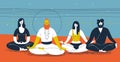 Group of people sitting in yoga posture and meditating against abstract blue and orange background with horizontal lines