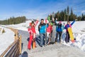 Group Of People Ski And Snowboard Resort Winter Snow Mountain Cheerful Happy Smiling Friends On Holiday