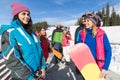 Group Of People Ski And Snowboard Resort Winter Snow Mountain Cheerful Happy Smiling Friends Talking Holiday Royalty Free Stock Photo