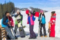 Group Of People Ski And Snowboard Resort Winter Snow Mountain Cheerful Happy Smiling Friends Talking Holiday Royalty Free Stock Photo