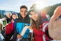 Group Of People Ski Snowboard Resort Winter Snow Mountain Happy Smiling Friends Taking Selfie Photo