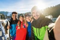 Group Of People Ski Snowboard Resort Winter Snow Mountain Happy Smiling Friends Taking Selfie Photo Royalty Free Stock Photo