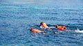 Group people snorkeling while swimming in blue water to see exotic fish under water wearing orange life jackets.