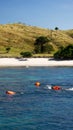 Group people snorkeling while swimming in blue water to see exotic fish under water wearing orange life jackets.