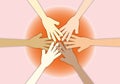 Group of people stacking hands shows unity and teamwork, connection concepts.