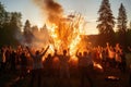 Group of People Standing Around a Bonfire, People dancing around a bonfire during a traditional midsummer festival, AI Generated