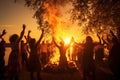 Group of People Standing Around a Bonfire, People dancing around a bonfire during a traditional midsummer festival, AI Generated