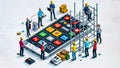 Group of people standing around cell phone with construction icons on it. AI. Royalty Free Stock Photo