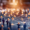 Group of people is standing around large, complex network diagram. The diagram has many nodes and lines connecting them Royalty Free Stock Photo