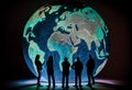 A group of people standing around a large globe with a map of the world. Generate Ai. Royalty Free Stock Photo