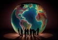 A group of people standing around a large globe with a map of the world. Generate Ai. Royalty Free Stock Photo