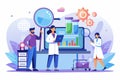 Group of people standing around, observing scientists analyzing data in the science lab, Tiny people researcher analyzing data in Royalty Free Stock Photo