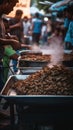 A group of people standing around a table filled with food. Generative AI image. Royalty Free Stock Photo