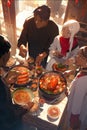 A group of people standing around a table filled with food. Generative AI image. Royalty Free Stock Photo