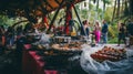 A group of people standing around a table filled with food. Generative AI image. Royalty Free Stock Photo