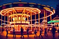 A group of people standing in front of a ferris wheel at night. Royalty Free Stock Photo