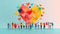 A group of people are standing in front of a heart-shaped wall of hearts by AI generated image Royalty Free Stock Photo