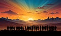 Group of People Standing in Front of Sunset Royalty Free Stock Photo