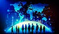 Group of people standing in front of world map. Generative AI Royalty Free Stock Photo