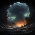 people standing in the middle of a dark cave, with clouds and waves