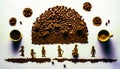 Group of people standing next to pile of coffee beans. Generative AI Royalty Free Stock Photo