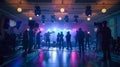 Group of people standing in room with stage and lights. Filming crew working on stage indoors, filming movie, music Royalty Free Stock Photo