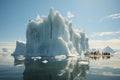 A group of people standing on top of an iceberg. Global warming, people bathe between icebergs Royalty Free Stock Photo