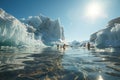 A group of people standing on top of an iceberg. Global warming, people bathe between icebergs Royalty Free Stock Photo