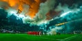 Group of people standing on top of soccer field under cloudy sky. AI