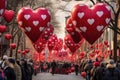 A group of people stroll through a street adorned with an abundance of red heart-shaped balloons, A festive Valentine\'s