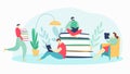 Group of people student together reading textbook, tiny character sitting book stack flat vector illustration, isolated