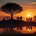 group of people at sunset, lone tree silhouetted against the setting sun and friends watching scenery view, generative AI