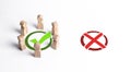 A group of people surrounded a green checkmark, ignoring the red X. The right collective choice, smart strategy and foresight