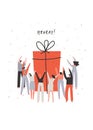 Group of people surrounding big gift box. Togetherness concept. Birthday postcard. Hand drawn phrase: hooray . Vector