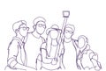 Group Of People Taking Together Selfie Photo With Stick Doodle Men And Women Make Self Portrait