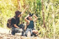 Group people teacher woman and student see binoculars for explore Royalty Free Stock Photo