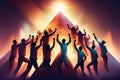 A group of people team up in a pyramid to celebrate success teamwork cooperation winning Royalty Free Stock Photo