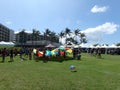 Group of People throw balls in air with help of rainbow circle